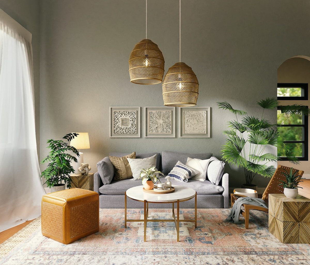 living room with brown wooden table and chairs