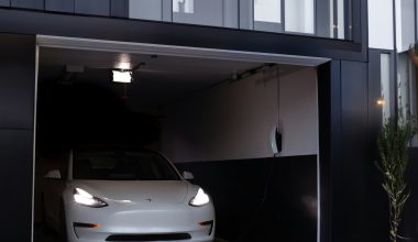 a white car is parked in a garage